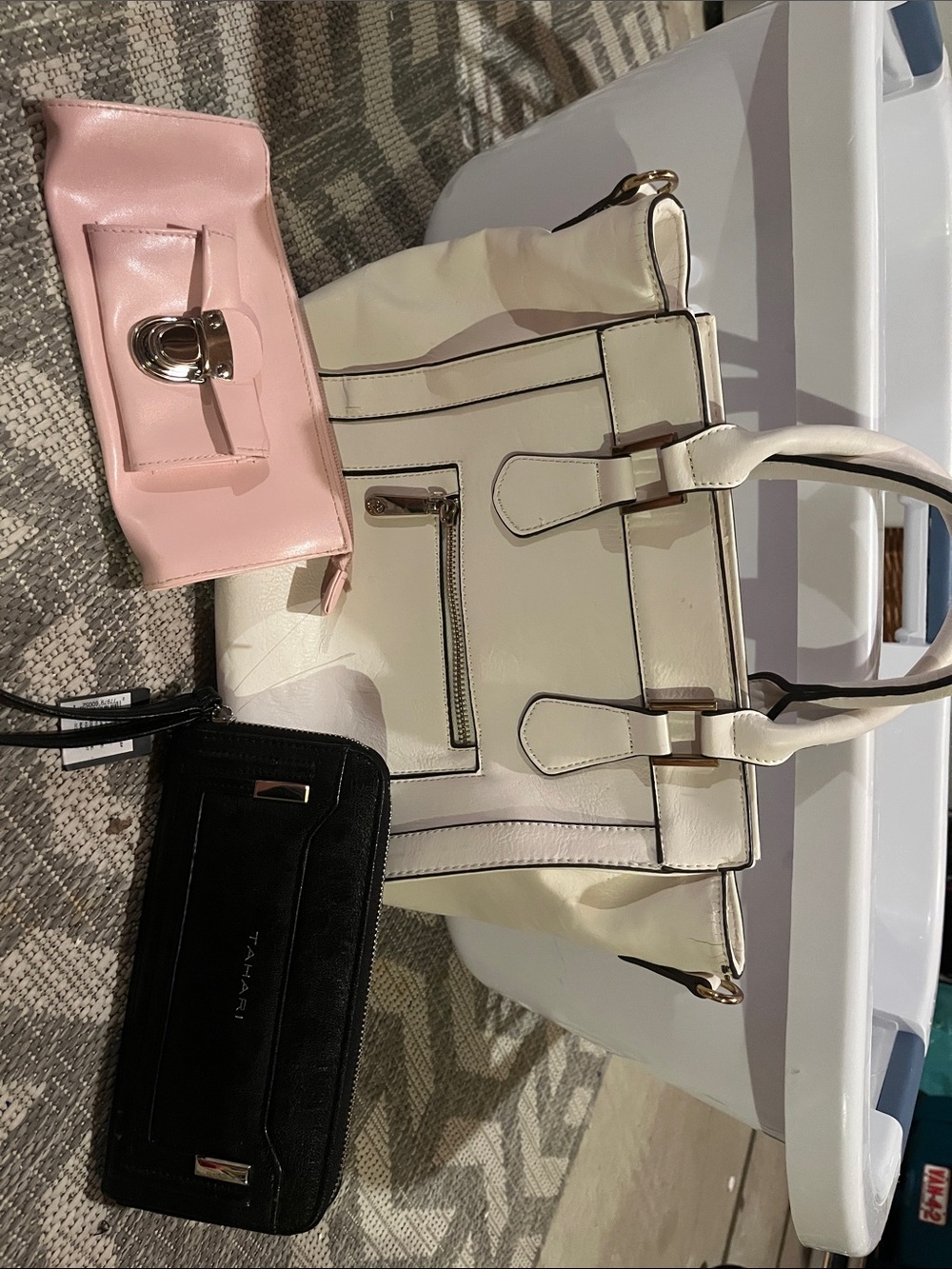 Cream Structured Tote Bag with Pink Wristlet and Black Wallet (pack of 3 bundle)
